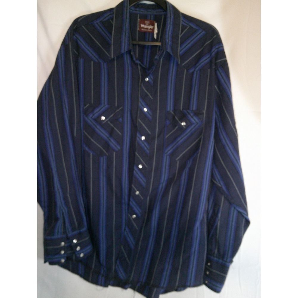 VTG‎ Wrangler Western Shirt XXL 18-18.5 Mens Blue Striped Pearl Snap Long Sleeve
